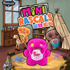 A plush toy of a monster with funny teeth sits in a cluttered room surrounded by books and other stuffed animals.