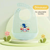 A light blue silicone dinosaur shaped baby bib with six adjustable buckles and a cartoon design.