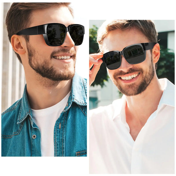 Un hombre modela gafas de sol polarizadas y grandes con ajuste perfecto en un estudio.