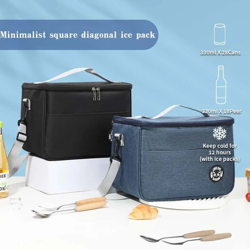 A black and blue thermal insulated lunch bag with an adjustable strap, shown next to ice packs and cutlery.