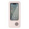 A pink waterproof shower phone holder with a screen and speaker is shown.