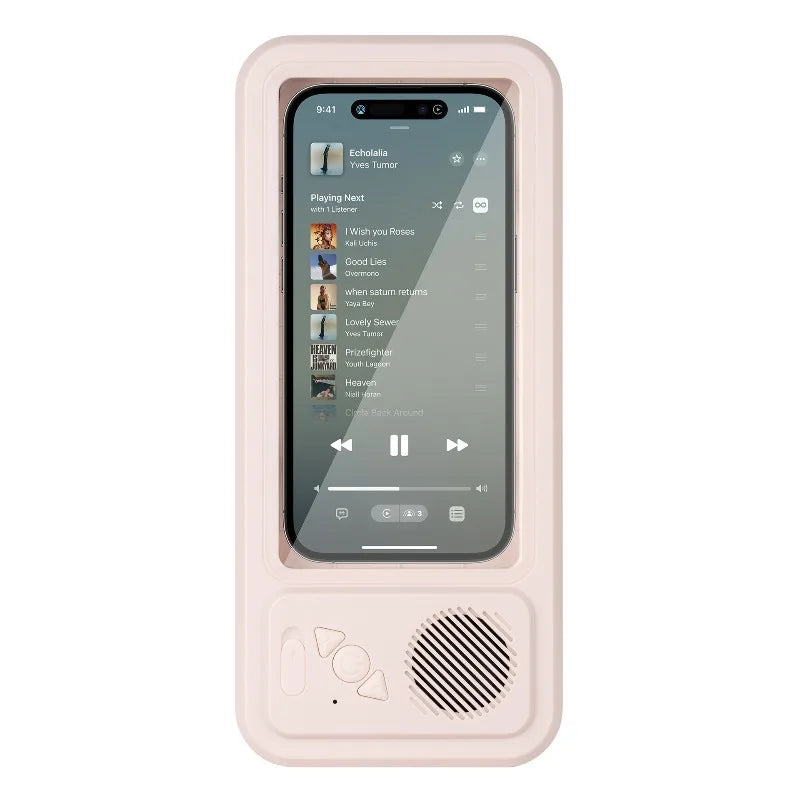 A pink waterproof shower phone holder with a screen and speaker is shown.