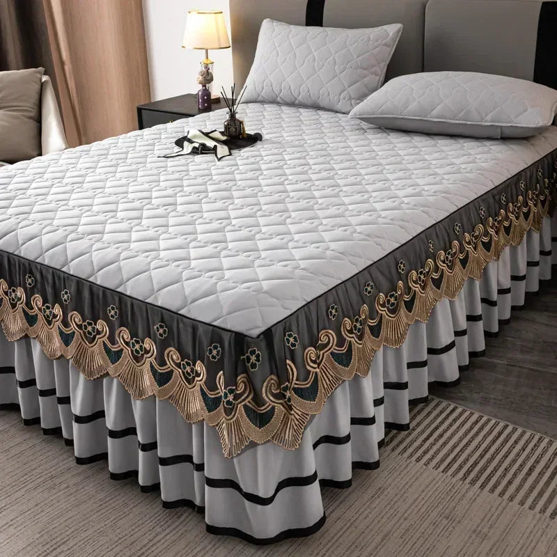Gold Embroidered Lace Bed Skirt with Heart Pattern