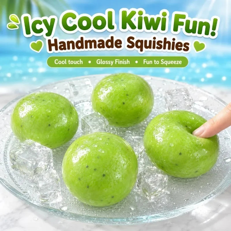 Green squishy balls are shown on ice with a title promoting cool touch and fun to squeeze.