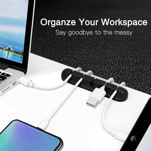 A silicone cable organizer and winder is shown on a laptop, with cables neatly bundled and organized.