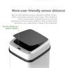 A white smart sensor touchless trash can with a black lid is shown, emphasizing user-friendly sensor distance.
