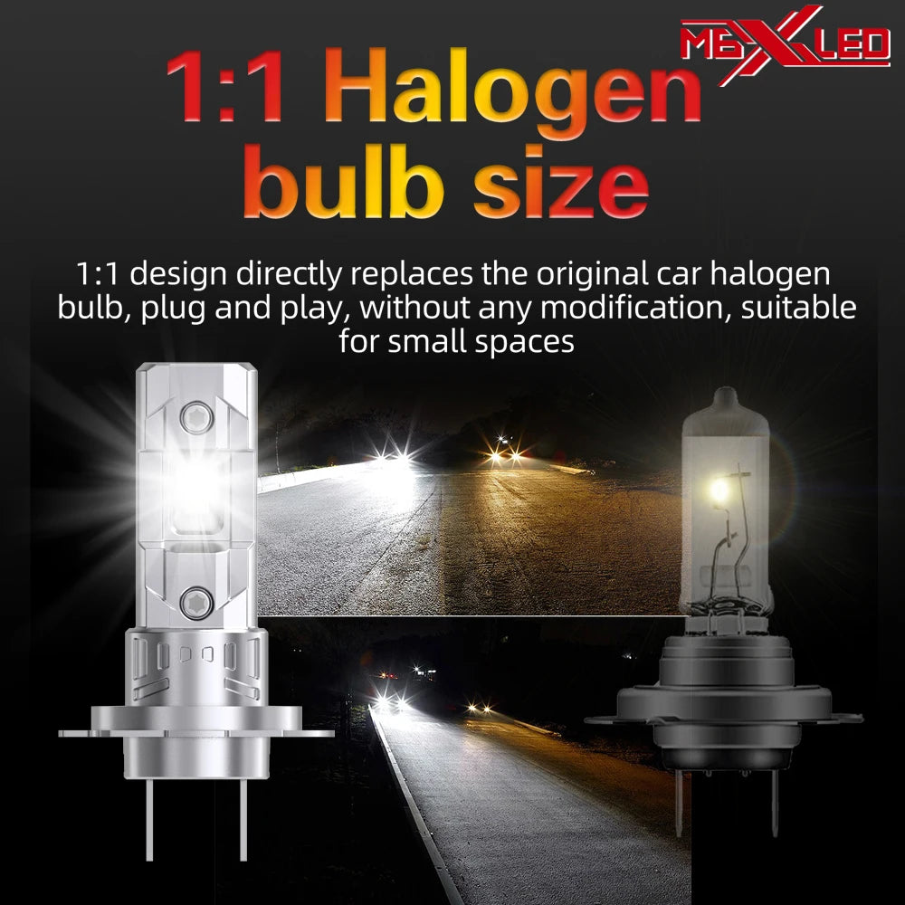 A 1:1 halogen bulb size replacement for car headlights shown in a dark setting.