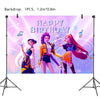 A backdrop featuring three anime-style girls celebrating a happy birthday with musical notes and sparkles.