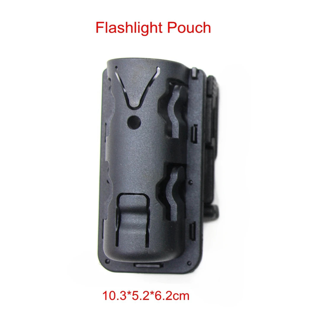 A black flashlight pouch with a textured grip and a sliding mechanism.