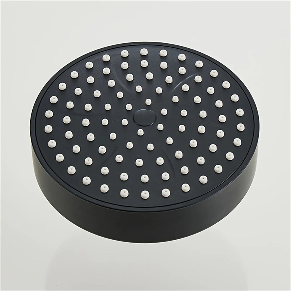 A matte black shower head with multiple small nozzles is shown from above.