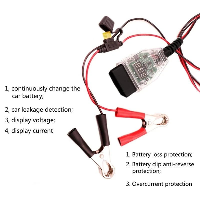 OBD2 battery memory saver device with wires and clips for battery protection and monitoring
