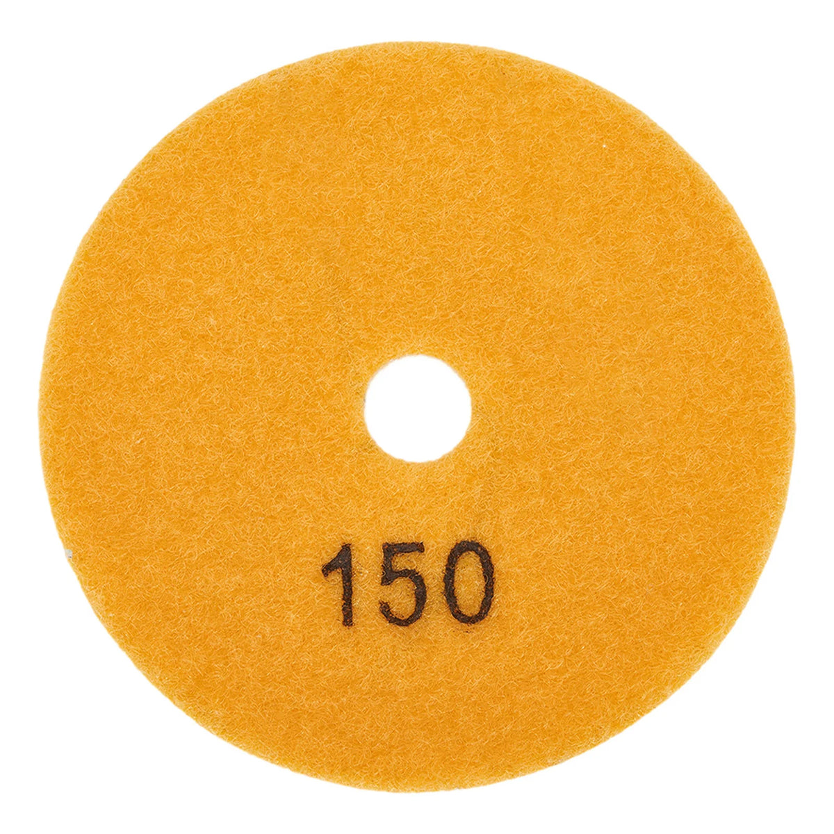 A round, orange polishing pad with the number 150 marked on its surface.