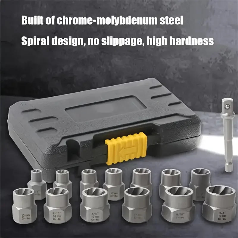A set of 14 impact bolts and nuts in various sizes, including a spiral design tool.