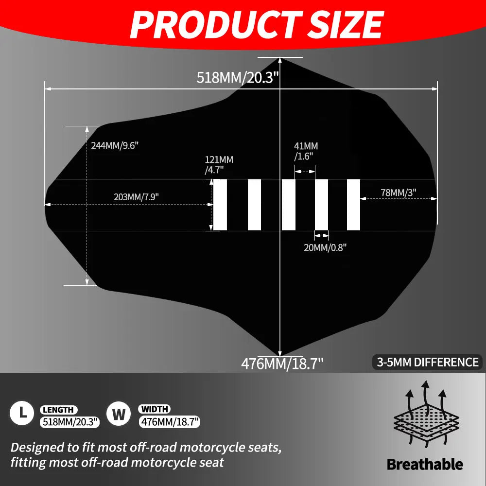 Diagram showing the dimensions of a motorcycle seat cover, including length and width measurements.