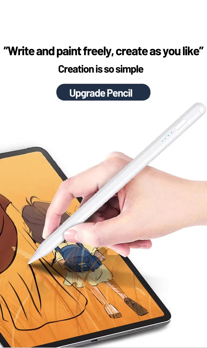 A hand holds a white capacitive stylus pen writing on an orange tablet screen.