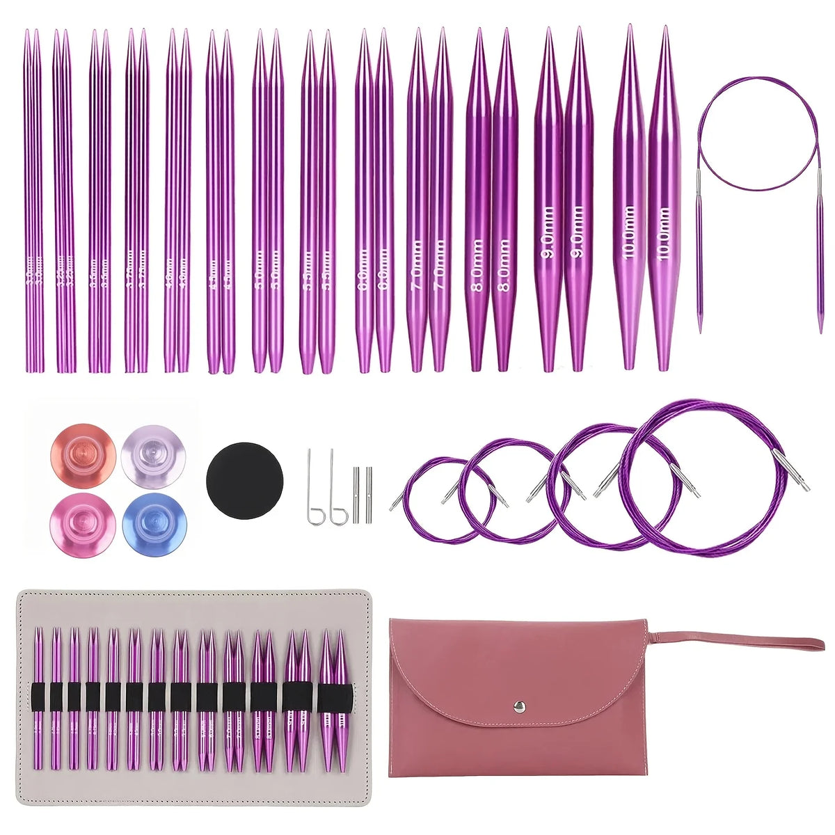 A set of 13 pairs of interchangeable circular knitting needles in various shades of purple and pink, displayed with a matchin