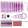 A set of thirteen pairs of interchangeable circular knitting needles in various shades of purple and pink, displayed alongsid