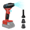 Red and black cordless handheld jet blower with a blue light beam being emitted