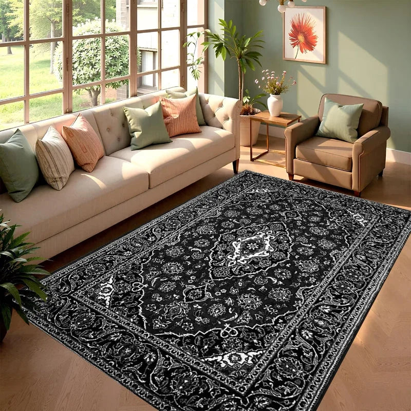 A black and white patterned cowhide print area rug in a modern Western style placed in a sunlit living room.