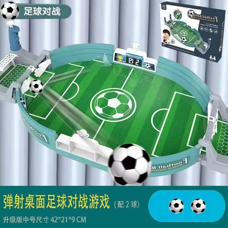 A compact tabletop soccer game featuring a green field, goal, and soccer balls, packaged for family fun.