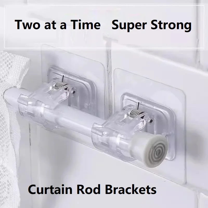 Two clear plastic curtain rod brackets designed to hold a rod, advertised as super strong.