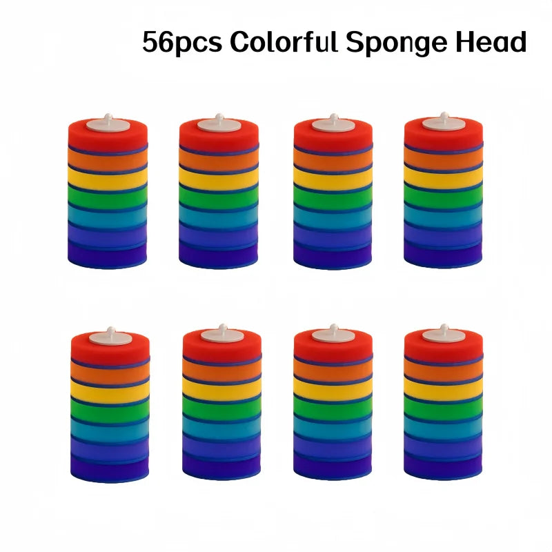 A set of 56 colorful sponge heads for a long handle toilet brush with disposable heads and wall-mounted holder