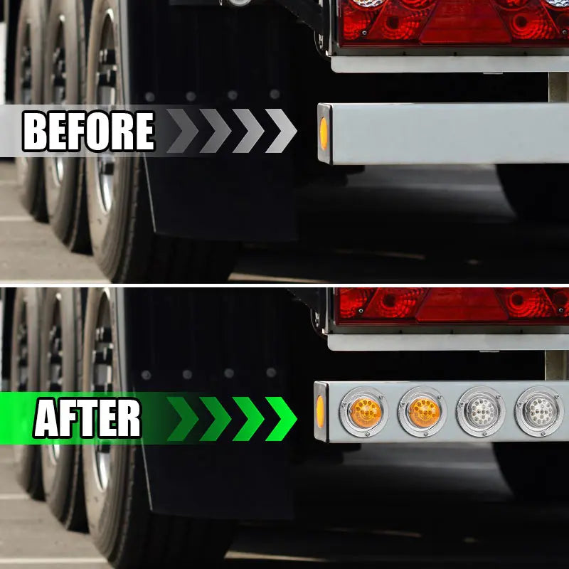 Before and after comparison of a stainless steel watermelon light mounting bracket on a truck or trailer.