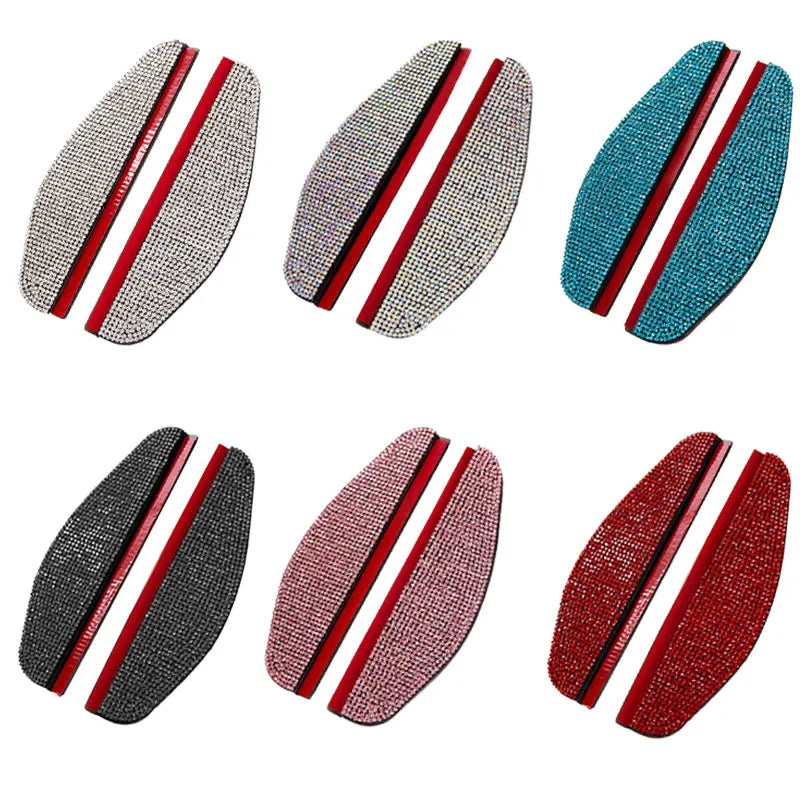 A set of five rhinestone car rearview mirror rain guards in various colors and finishes.