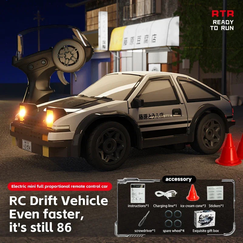 A black RC drift vehicle is shown with accessories and instructions on a dark surface.