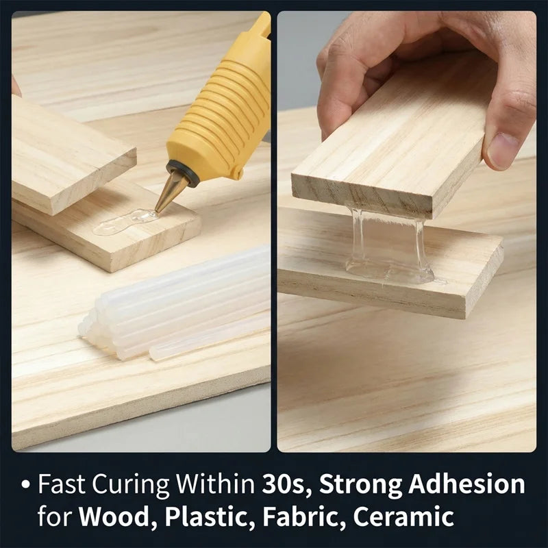 A hand applies a clear hot glue stick to a piece of wood, demonstrating strong adhesion for various materials.