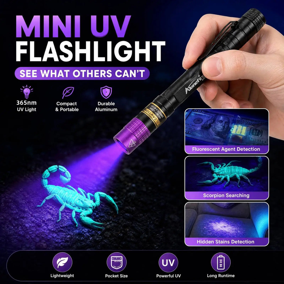 A hand holds a mini UV flashlight illuminating a green scorpion on a dark surface.