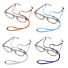 Four adjustable soft eyewear lanyards in orange, blue, silver, and purple.