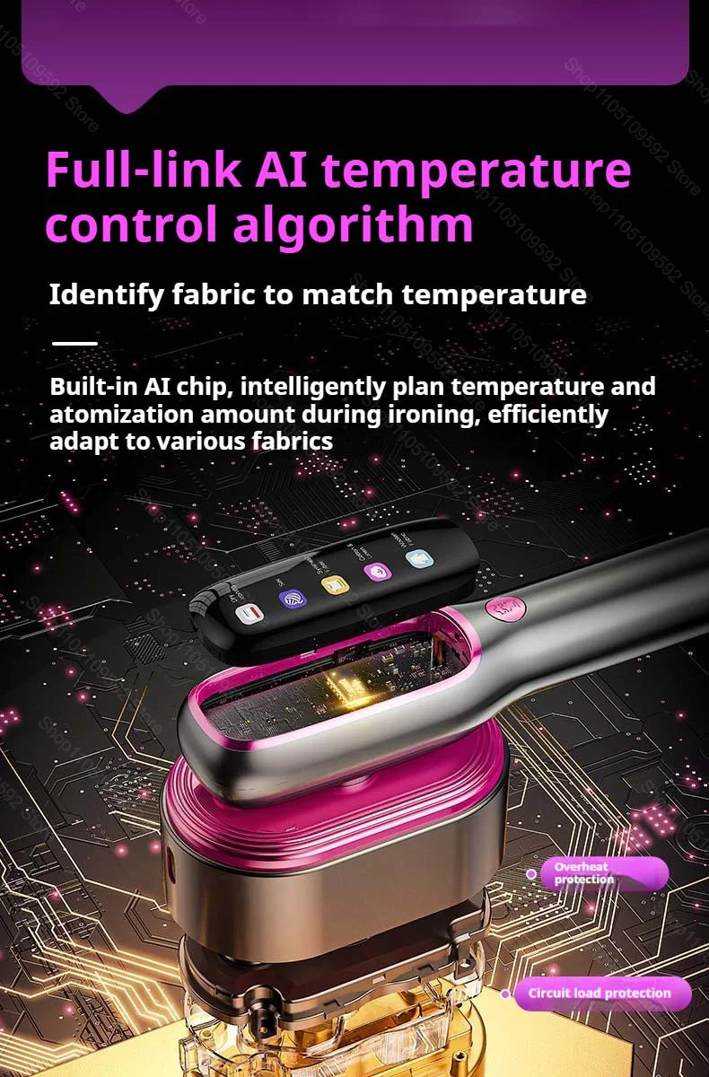 A close-up of a portable handheld garment steamer with a pink and silver body, resting on a circuit board.