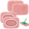 Pink reusable microfiber mop pads for a Swiffer sweeper, shown in various forms.