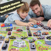 A collection of diecast pull-back vehicles in various colors and models laid out on a green mat.