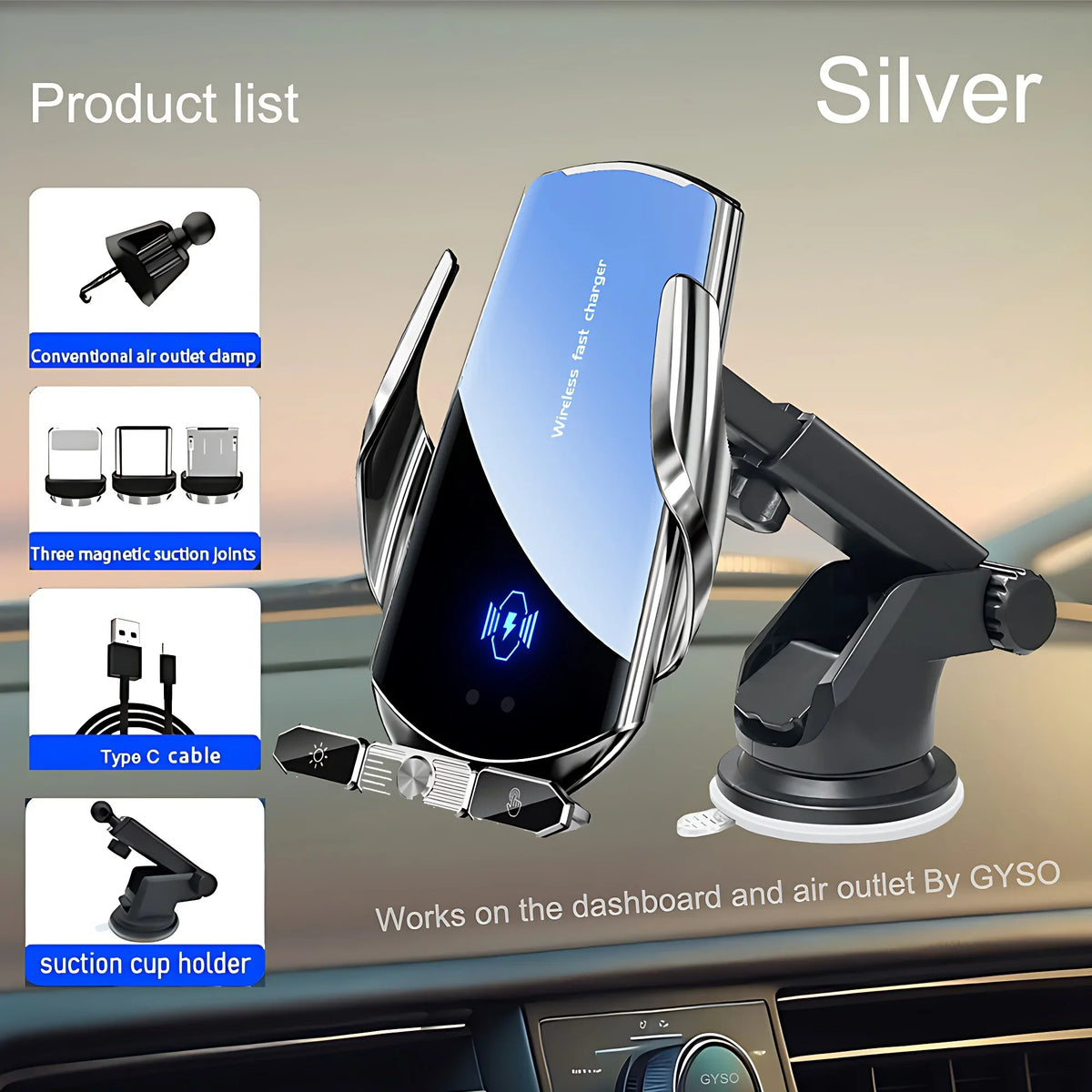 150W Magnetic Wireless Car Charger Mount with Auto-Clamping Cradle
