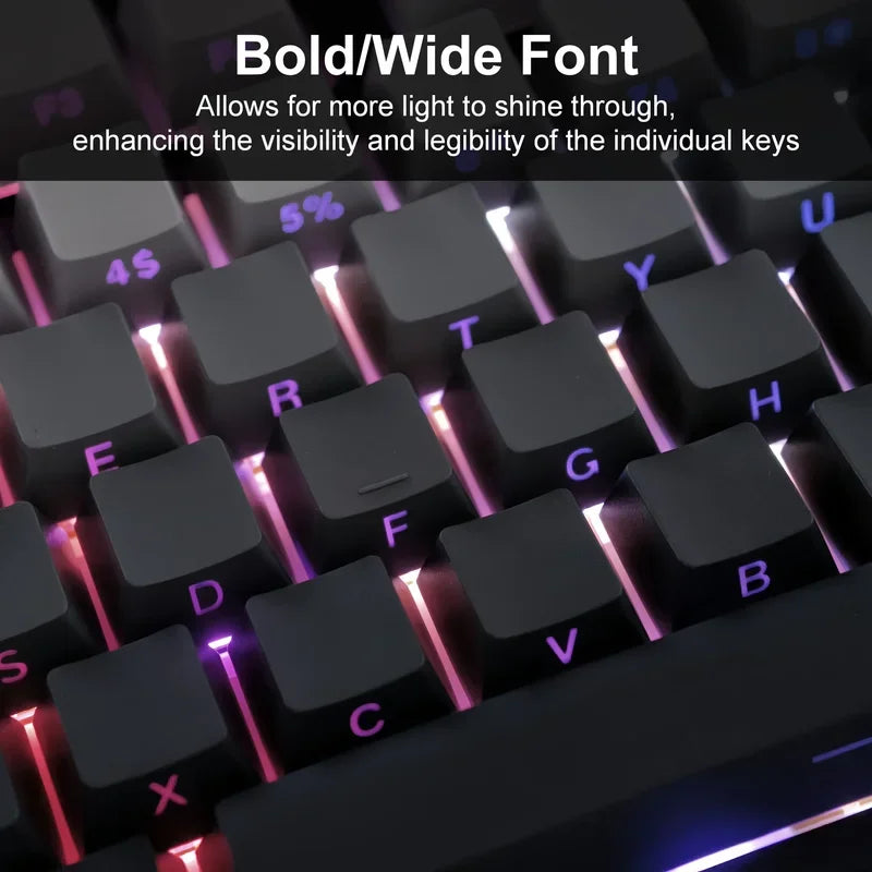 Close-up view of a mechanical keyboard keycap set with bold/wide font lighting features on the keys.