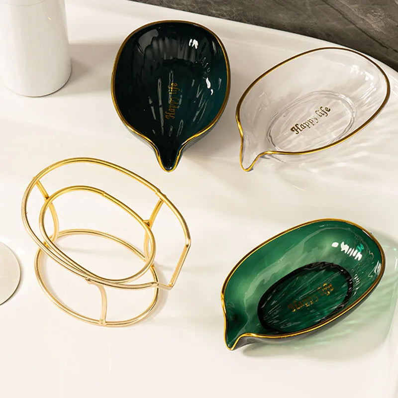 Leaf-Shape Self-Draining Soap Dish with Metal Bracket