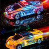 A police car toy with lights and sounds is shown in a dynamic, illuminated shot.