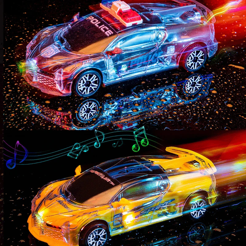 A police car toy with lights and sounds is shown in a dynamic, illuminated shot.
