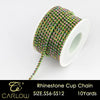A spool of multi-color glass rhinestone cup chain is shown with a dangling thread, labeled as size SS6-SS12 and 10 yards.