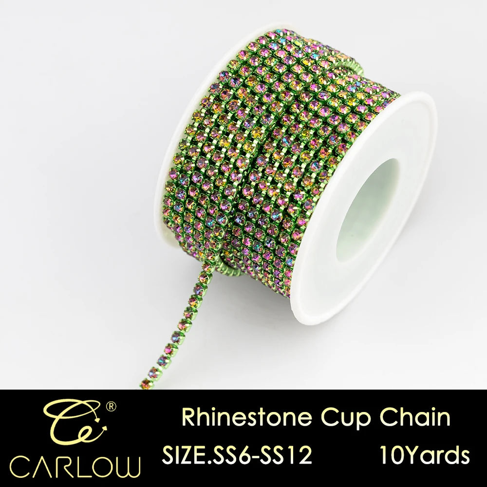 A spool of multi-color glass rhinestone cup chain is shown with a dangling thread, labeled as size SS6-SS12 and 10 yards.