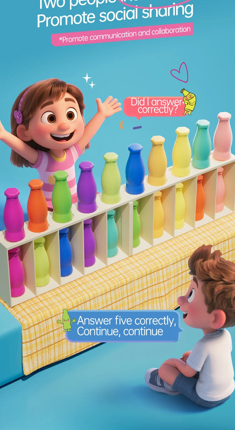 A children's game featuring colorful plastic bottles for a color matching activity.