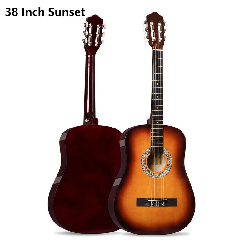 A brown acoustic guitar with a sunburst finish is shown, featuring a 38 inch body size.