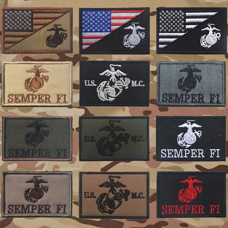 A collection of embroidered tactical patches featuring the U.S. flag, military insignia, and the text SEMPER FI.
