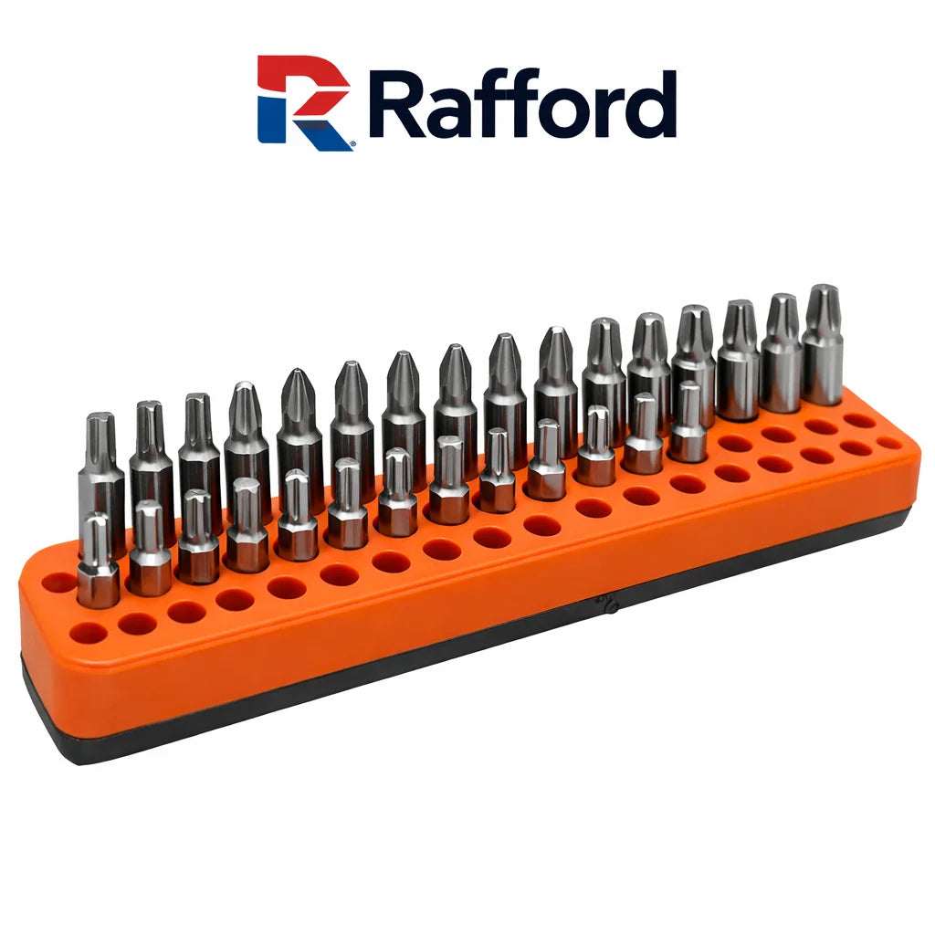 An orange magnetic screwdriver bit holder rack with multiple metal bits for tool storage.