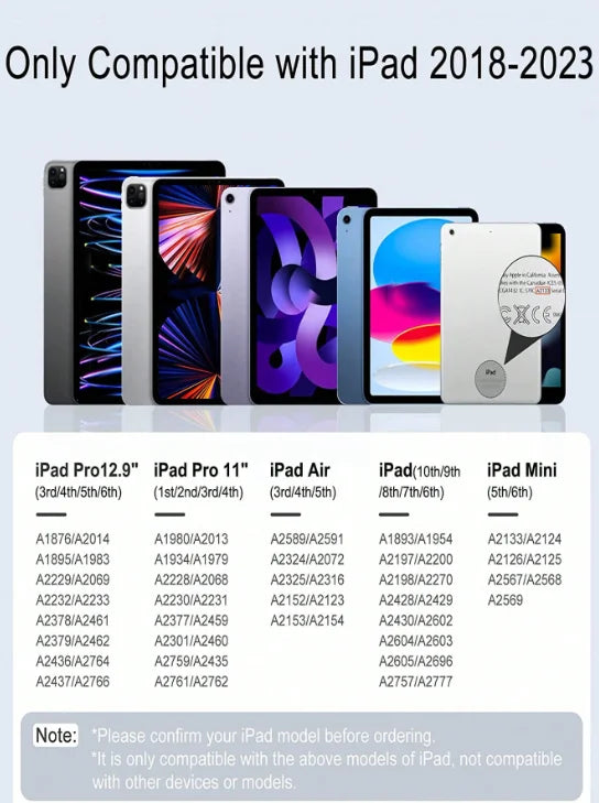 A collection of iPads and a stylus pen demonstrating compatibility with iPad models from 2018 to 2023.