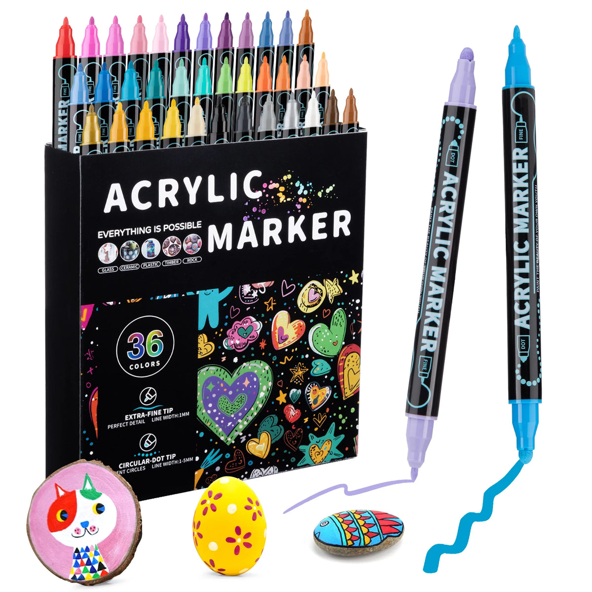A set of 36 acrylic marker pens in various colors and tips displayed next to craft items like an egg and a small oval object.