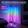 A pair of 120cm LED RGB floor lamps are shown illuminating a room, demonstrating sound-activated ambient lighting.