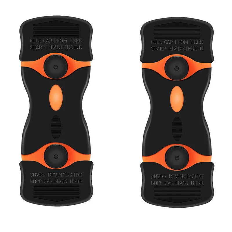 A black razor blade scraper tool with orange accents shown from the top view.